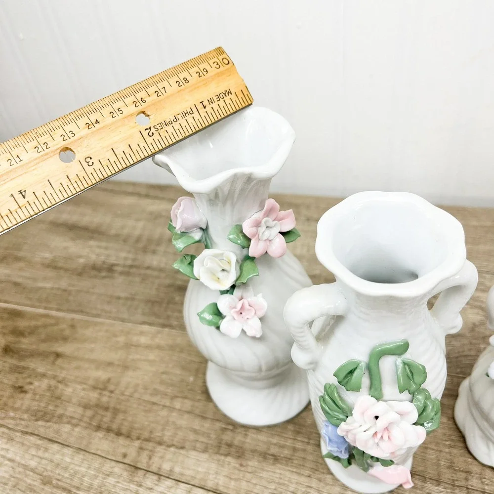 Vintage White Porcelain Miniature Bud Vases Set of 3 Applied 3D Floral Accents